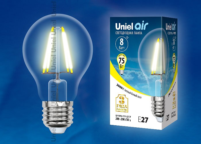Лампа светодиодная Uniel Air LED-A60-8W/WW/E27/CL GLA01TR картон