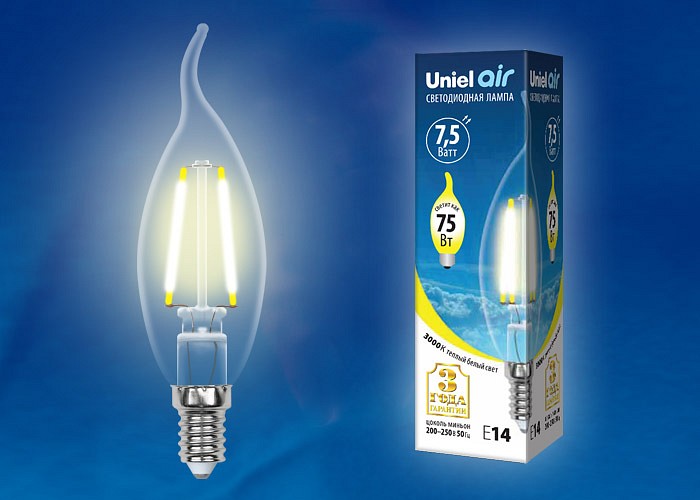 Лампа светодиодная Uniel Air LED-CW35-7,5W/WW/E14/CL GLA01TR картон