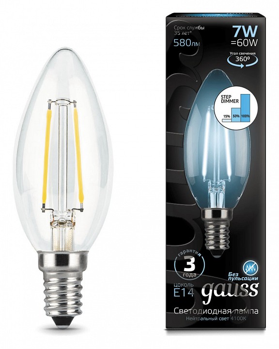 Лампа светодиодная Gauss LED Filament Candle E14 7Вт 4100K 103801207-S