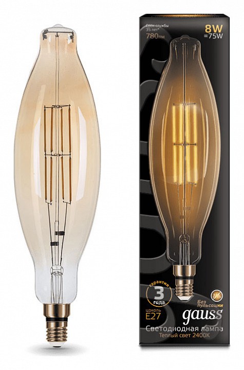 Лампа светодиодная Gauss LED Vintage Filament E27 8Вт 2400K 155802008